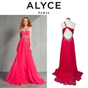 ALYCE PARIS FUSCHIA PINK RHINESTONE EMBELLISHED ONE SHOULDER  A LINE LONG GOWN
